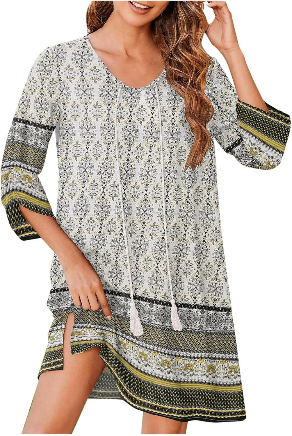 Xiaojmake Boho Dresses for Women 2025 Summer Retro Ethnic Beach Sun Dress Casual Loose V Neck 3/4 Sleeve Mini Vacation Dress
