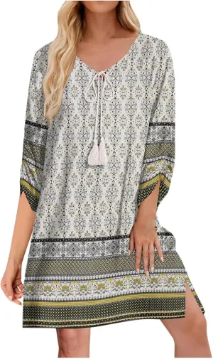 Xiaojmake Boho Dresses for Women 2025 Summer Retro Ethnic Beach Sun Dress Casual Loose V Neck 3/4 Sleeve Mini Vacation Dress