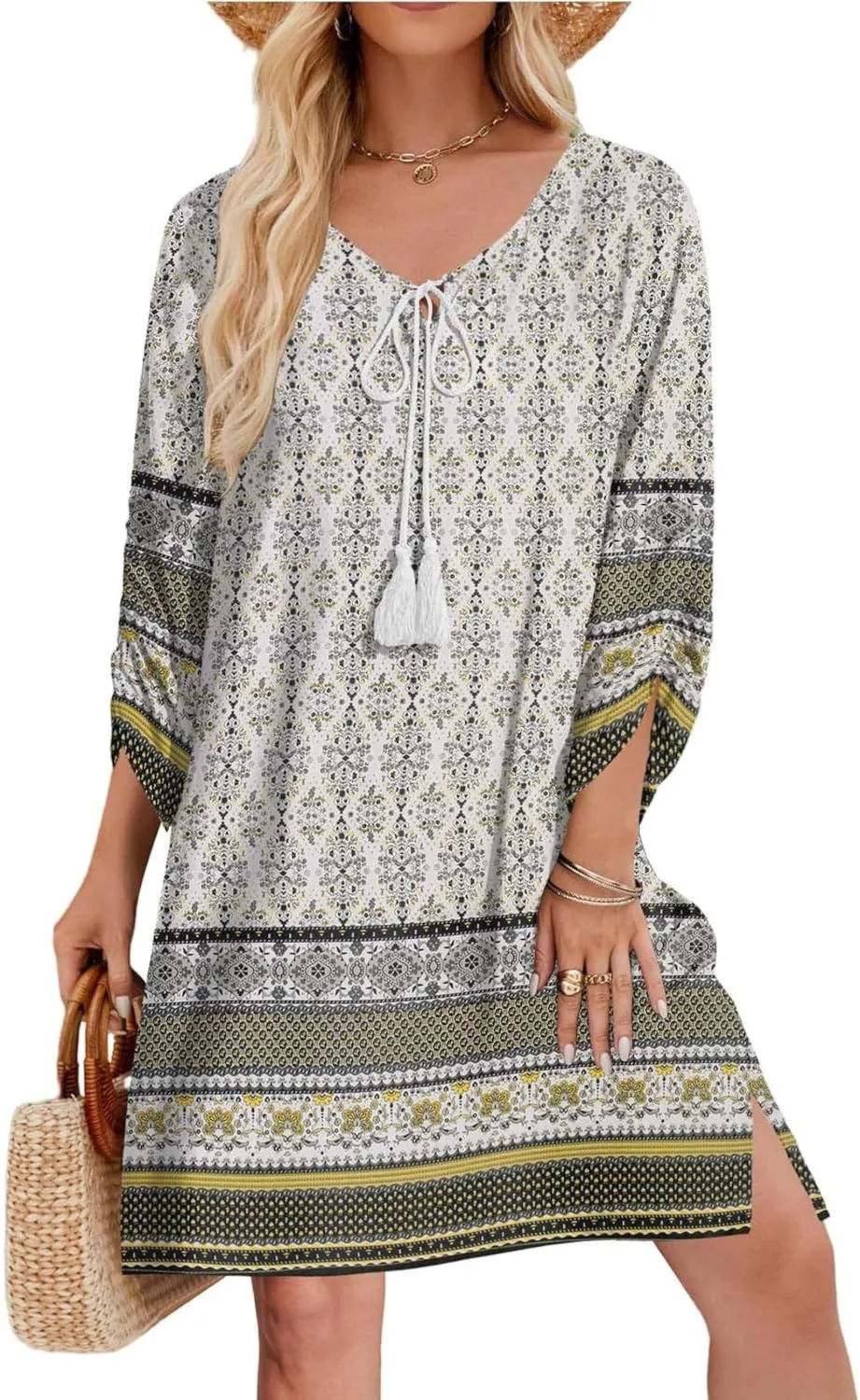Xiaojmake Boho Dresses for Women 2025 Summer Retro Ethnic Beach Sun Dress Casual Loose V Neck 3/4 Sleeve Mini Vacation Dress