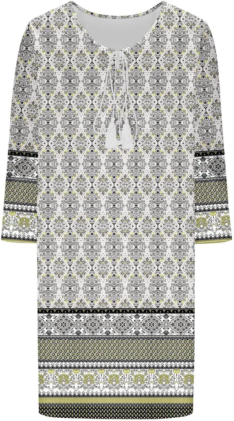 Xiaojmake Boho Dresses for Women 2025 Summer Retro Ethnic Beach Sun Dress Casual Loose V Neck 3/4 Sleeve Mini Vacation Dress