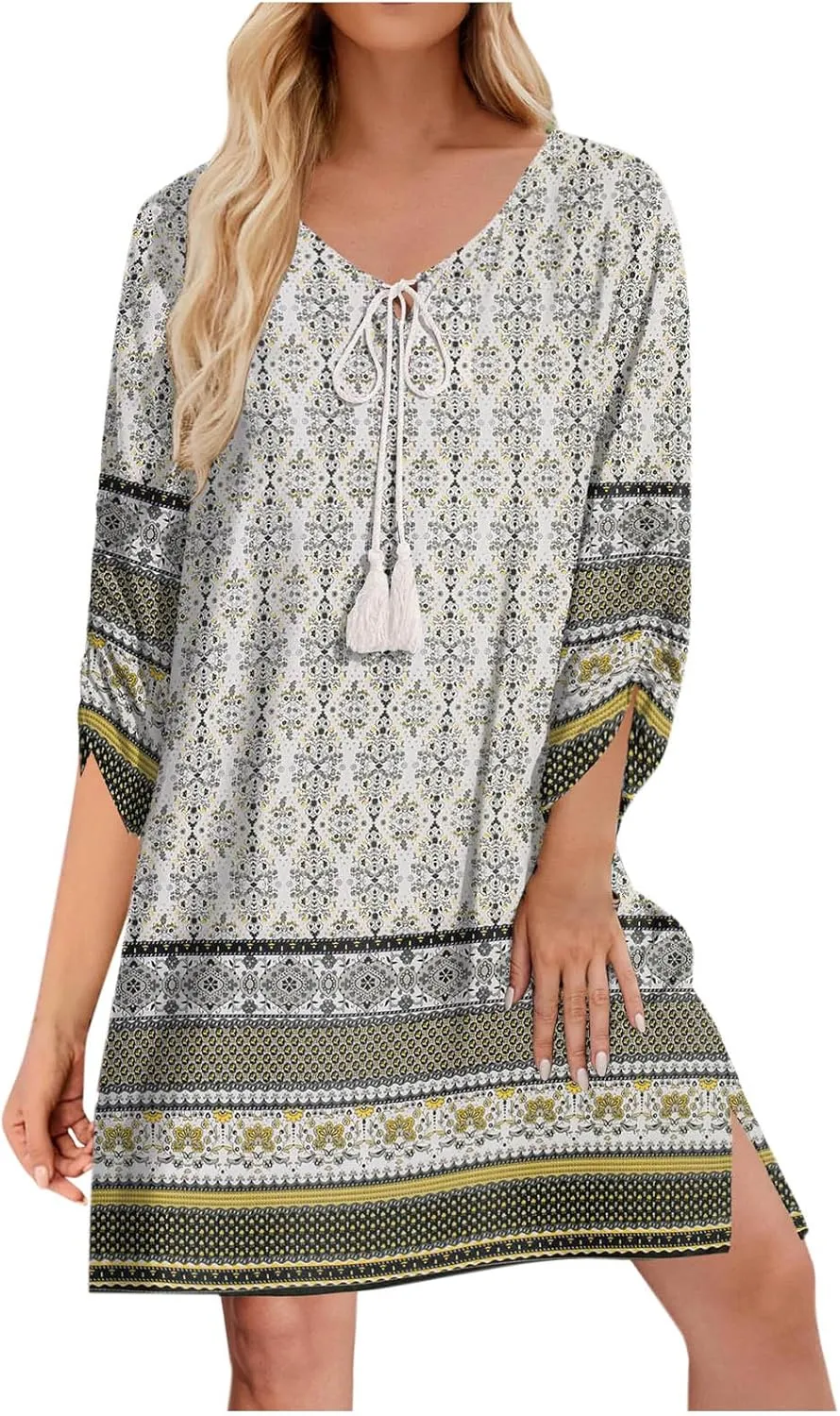 Xiaojmake Boho Dresses for Women 2025 Summer Retro Ethnic Beach Sun Dress Casual Loose V Neck 3/4 Sleeve Mini Vacation Dress