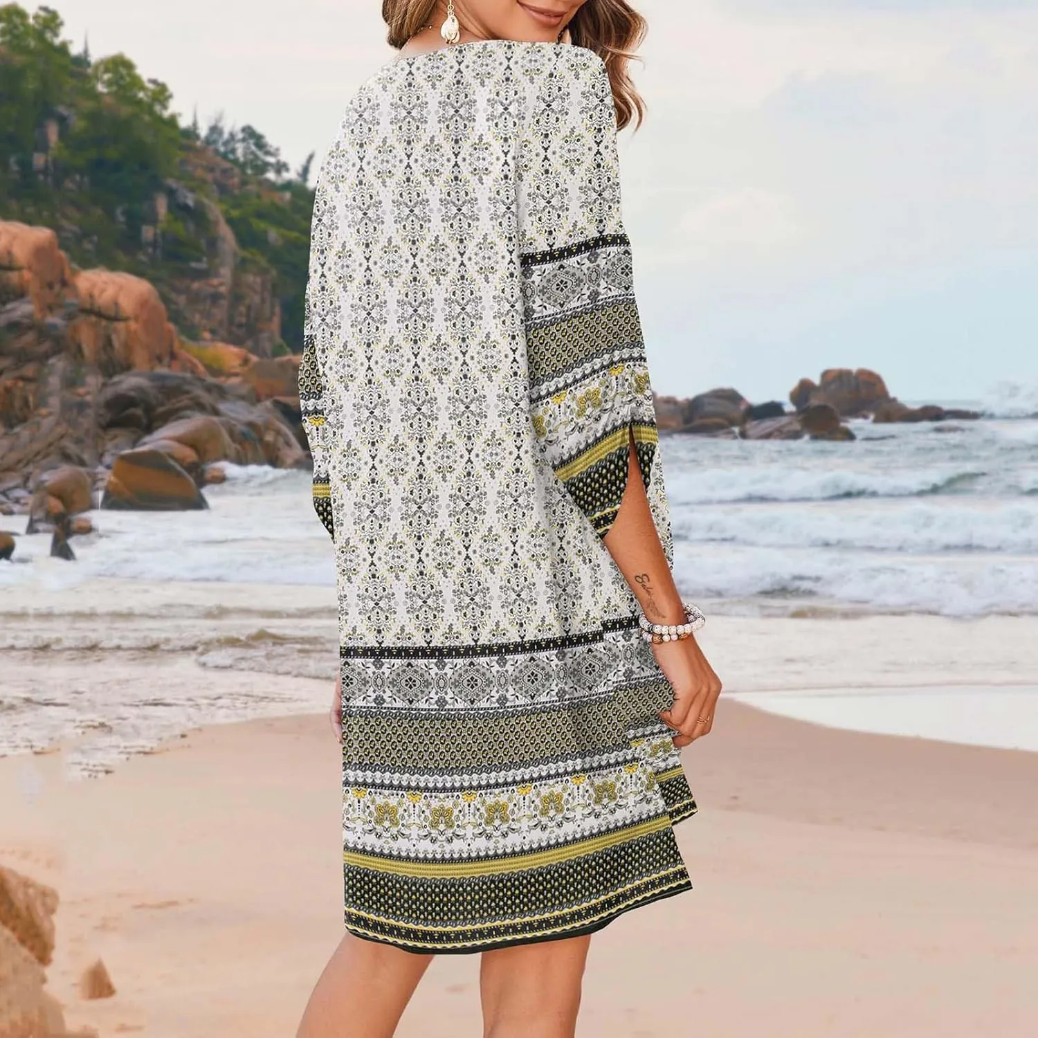 Xiaojmake Boho Dresses for Women 2025 Summer Retro Ethnic Beach Sun Dress Casual Loose V Neck 3/4 Sleeve Mini Vacation Dress