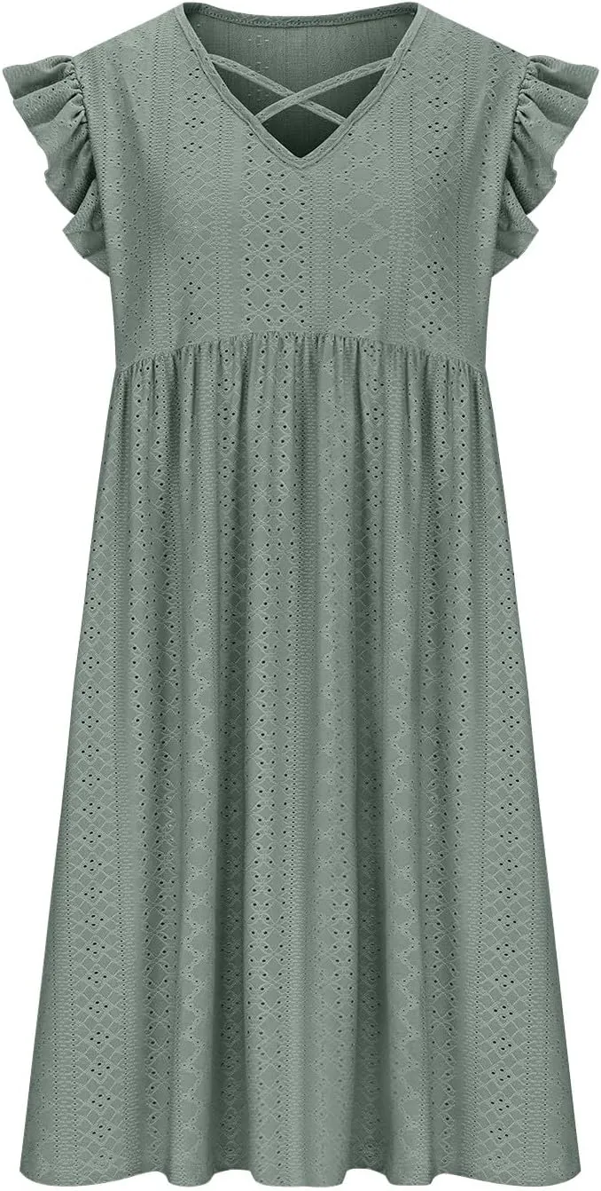 Xiaojmake Summer Casual Boho Dresses for Women 2025 A-Line Ruffle Sleeve Dress Keyhole Beach Vacation Flowy Mini Dresses