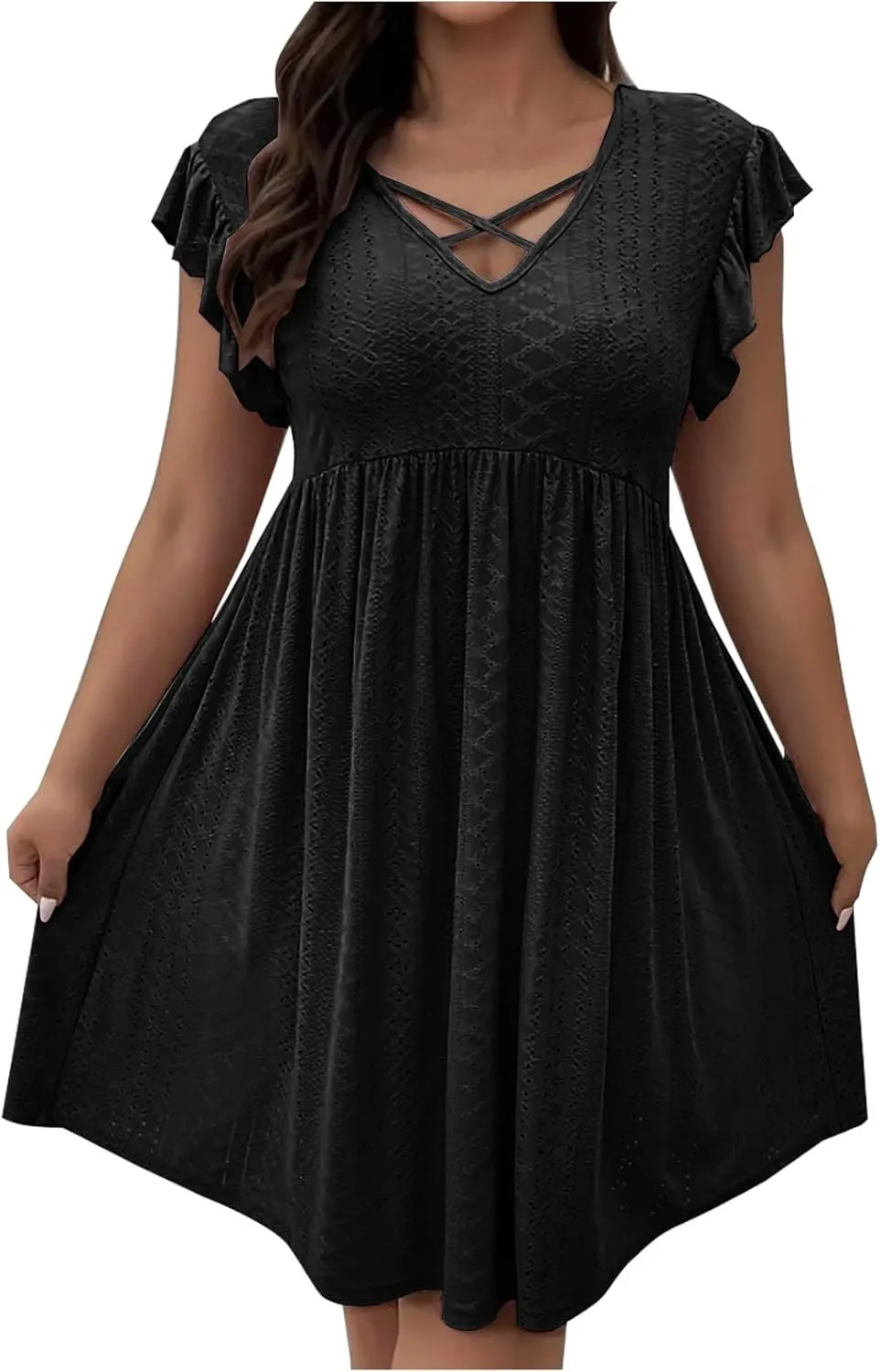 Xiaojmake Summer Casual Boho Dresses for Women 2025 A-Line Ruffle Sleeve Dress Keyhole Beach Vacation Flowy Mini Dresses
