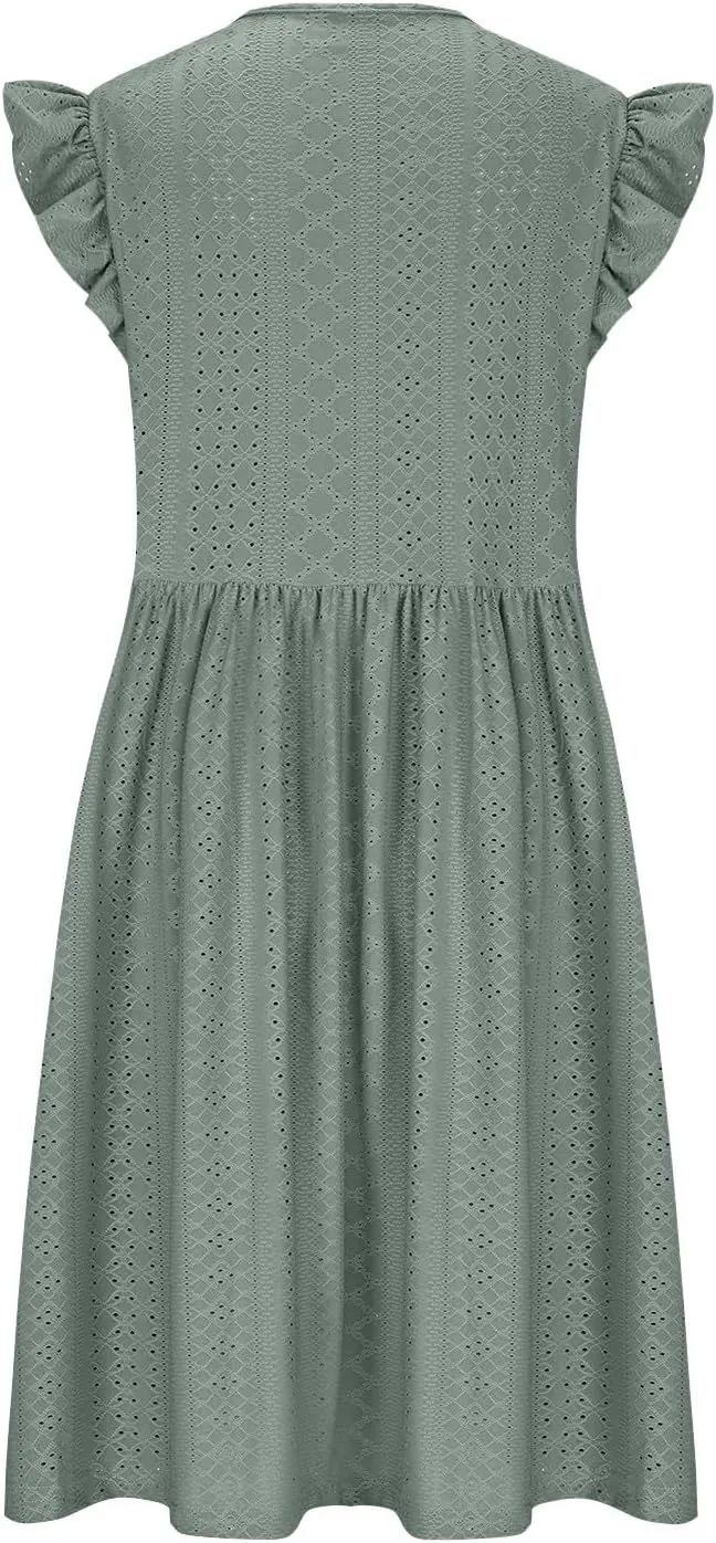 Xiaojmake Summer Casual Boho Dresses for Women 2025 A-Line Ruffle Sleeve Dress Keyhole Beach Vacation Flowy Mini Dresses