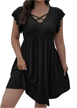 Xiaojmake Summer Casual Boho Dresses for Women 2025 A-Line Ruffle Sleeve Dress Keyhole Beach Vacation Flowy Mini Dresses