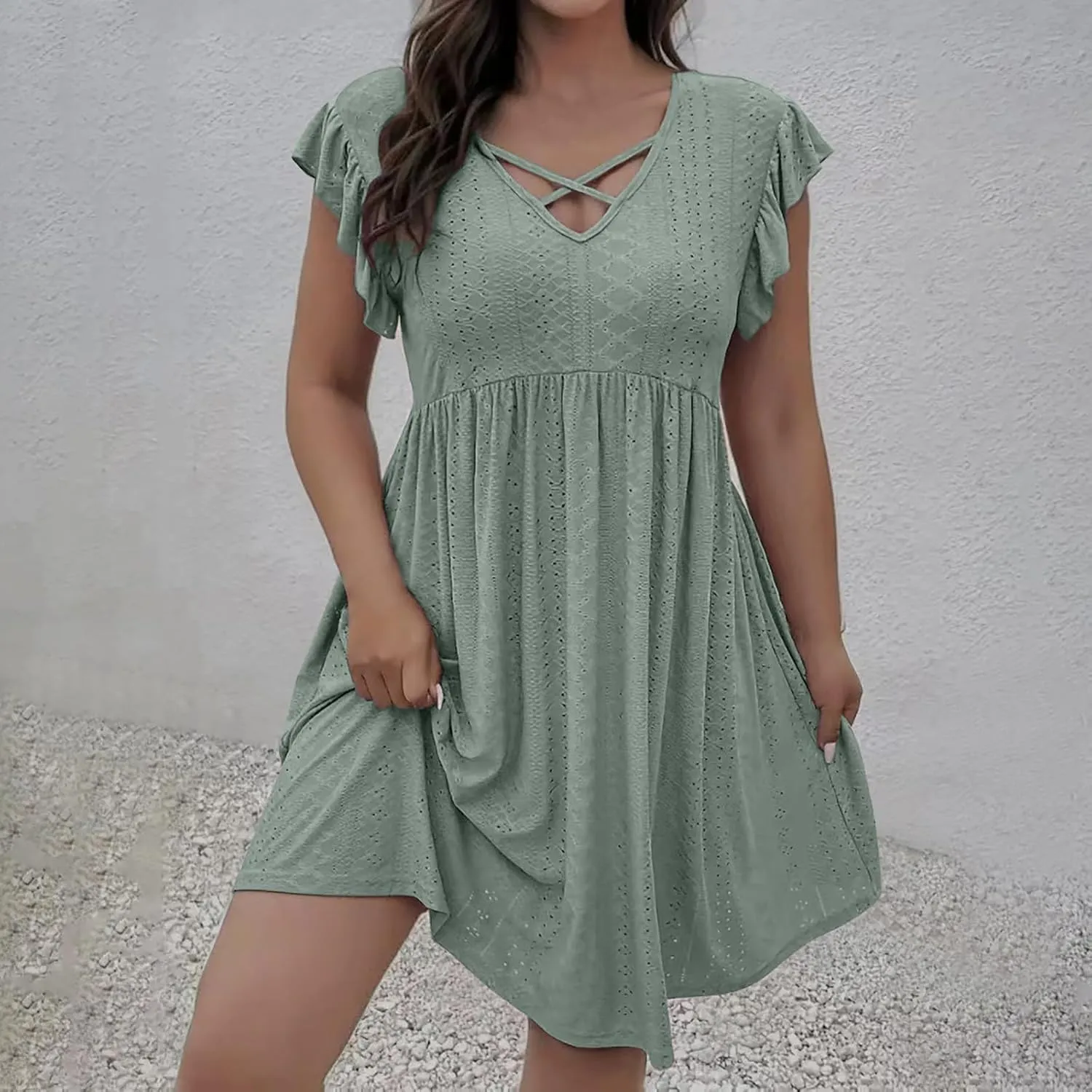 Xiaojmake Summer Casual Boho Dresses for Women 2025 A-Line Ruffle Sleeve Dress Keyhole Beach Vacation Flowy Mini Dresses