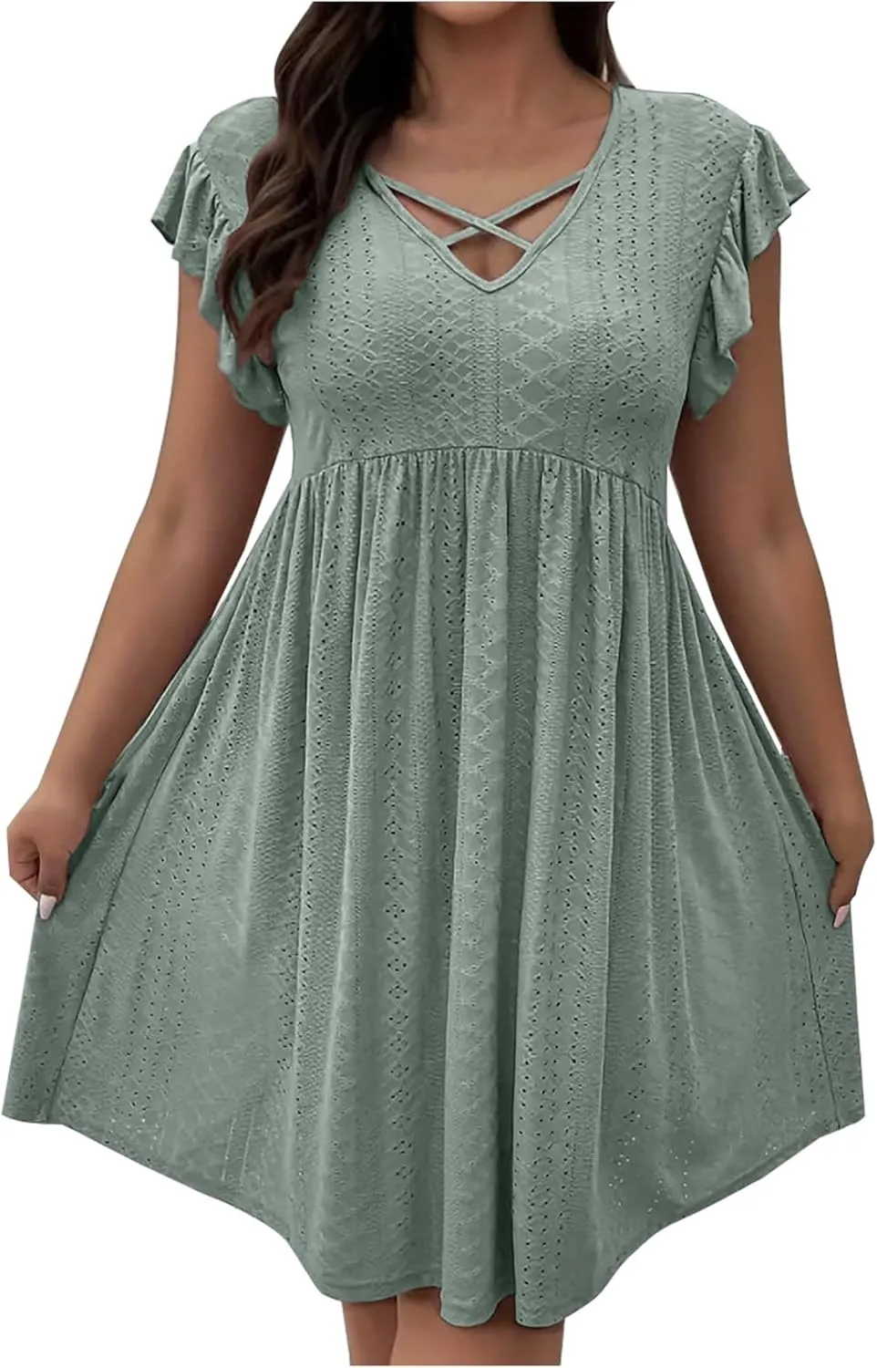 Xiaojmake Summer Casual Boho Dresses for Women 2025 A-Line Ruffle Sleeve Dress Keyhole Beach Vacation Flowy Mini Dresses