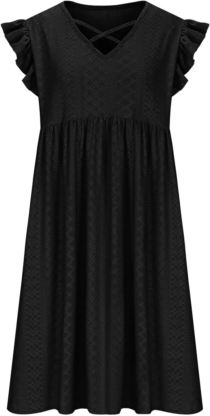 Xiaojmake Summer Casual Boho Dresses for Women 2025 A-Line Ruffle Sleeve Dress Keyhole Beach Vacation Flowy Mini Dresses