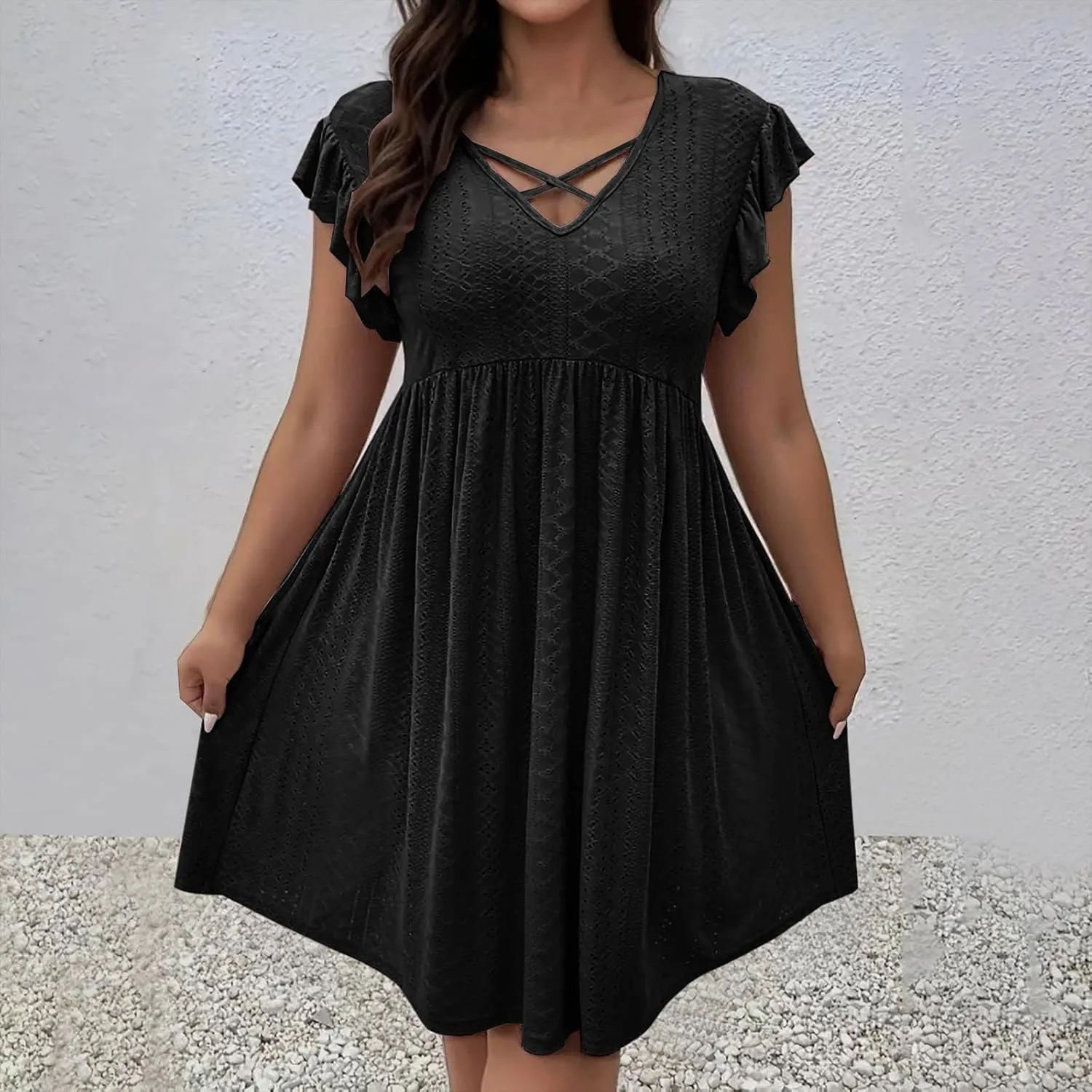 Xiaojmake Summer Casual Boho Dresses for Women 2025 A-Line Ruffle Sleeve Dress Keyhole Beach Vacation Flowy Mini Dresses