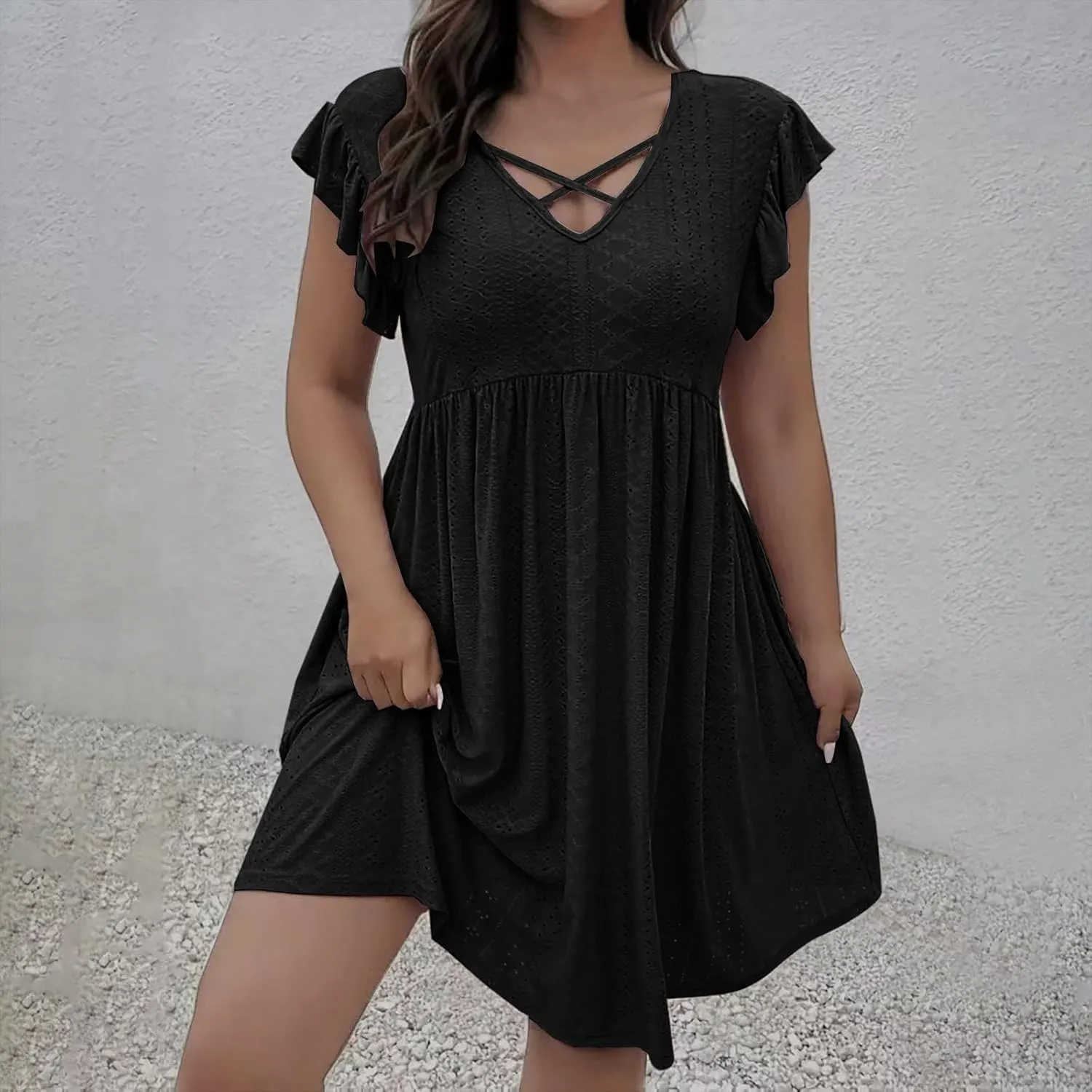 Xiaojmake Summer Casual Boho Dresses for Women 2025 A-Line Ruffle Sleeve Dress Keyhole Beach Vacation Flowy Mini Dresses