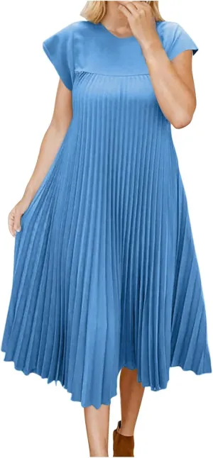 Xiaojmake Women Summer Pleated Midi Dress Plus Size Casual Cap Sleeve Crewneck Loose Flowy Swing Long Dress Hide Belly Fat