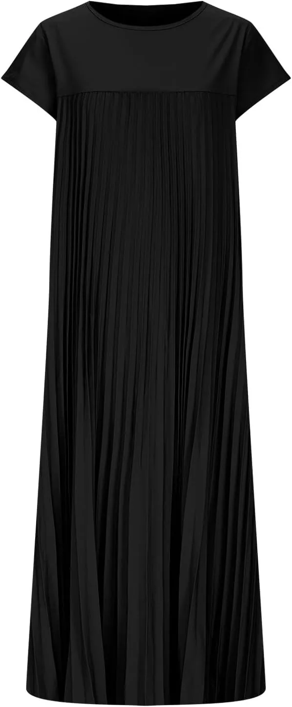 Xiaojmake Women Summer Pleated Midi Dress Plus Size Casual Cap Sleeve Crewneck Loose Flowy Swing Long Dress Hide Belly Fat