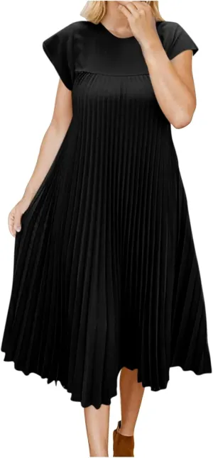 Xiaojmake Women Summer Pleated Midi Dress Plus Size Casual Cap Sleeve Crewneck Loose Flowy Swing Long Dress Hide Belly Fat