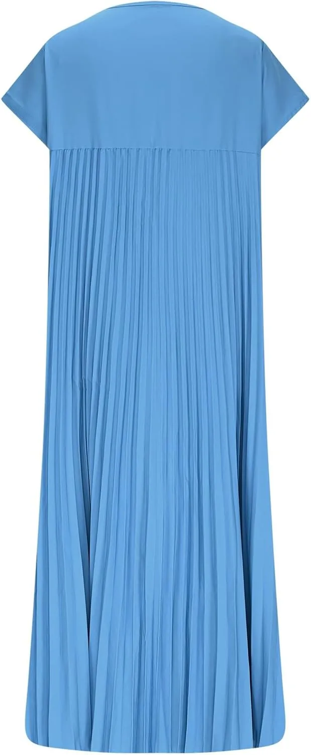 Xiaojmake Women Summer Pleated Midi Dress Plus Size Casual Cap Sleeve Crewneck Loose Flowy Swing Long Dress Hide Belly Fat
