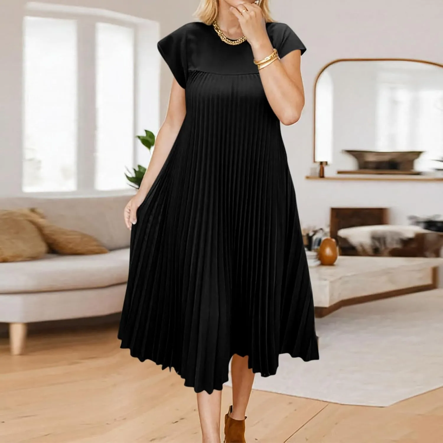 Xiaojmake Women Summer Pleated Midi Dress Plus Size Casual Cap Sleeve Crewneck Loose Flowy Swing Long Dress Hide Belly Fat