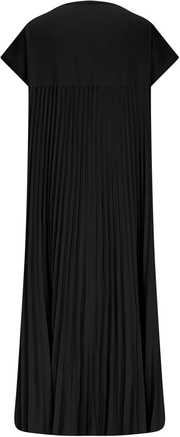 Xiaojmake Women Summer Pleated Midi Dress Plus Size Casual Cap Sleeve Crewneck Loose Flowy Swing Long Dress Hide Belly Fat