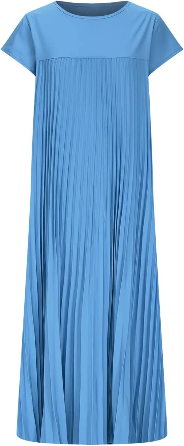 Xiaojmake Women Summer Pleated Midi Dress Plus Size Casual Cap Sleeve Crewneck Loose Flowy Swing Long Dress Hide Belly Fat