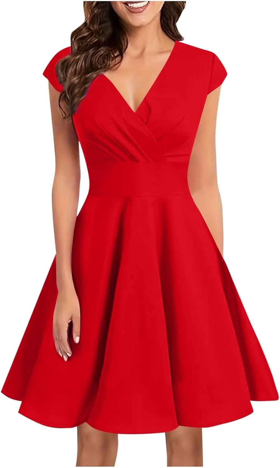 Xiaojmake Women's Summer 1950s Vintage Dress Wrap V Neck Cap Sleeve Swing Cocktail Party Dress Satin A-Line Flared Midi Dress