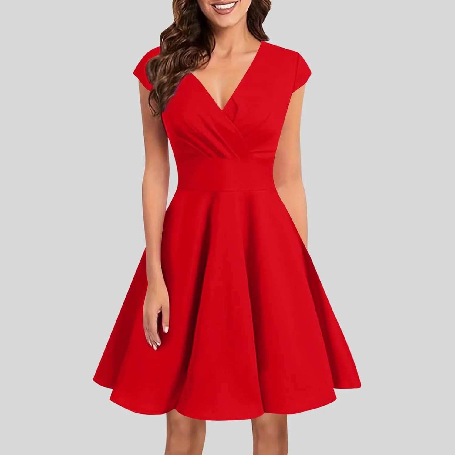 Xiaojmake Women's Summer 1950s Vintage Dress Wrap V Neck Cap Sleeve Swing Cocktail Party Dress Satin A-Line Flared Midi Dress