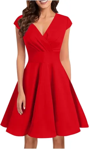 Xiaojmake Women's Summer 1950s Vintage Dress Wrap V Neck Cap Sleeve Swing Cocktail Party Dress Satin A-Line Flared Midi Dress