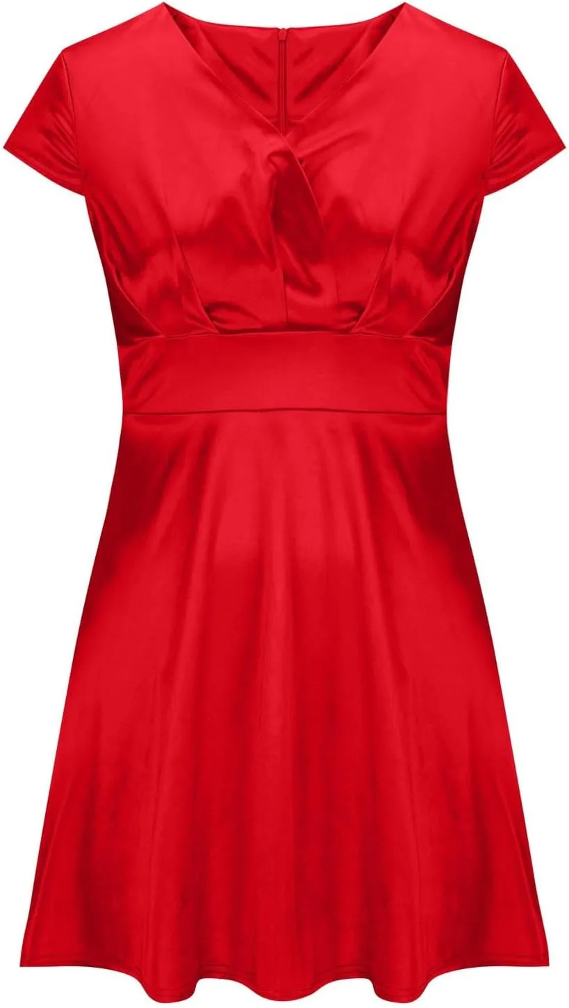 Xiaojmake Women's Summer 1950s Vintage Dress Wrap V Neck Cap Sleeve Swing Cocktail Party Dress Satin A-Line Flared Midi Dress