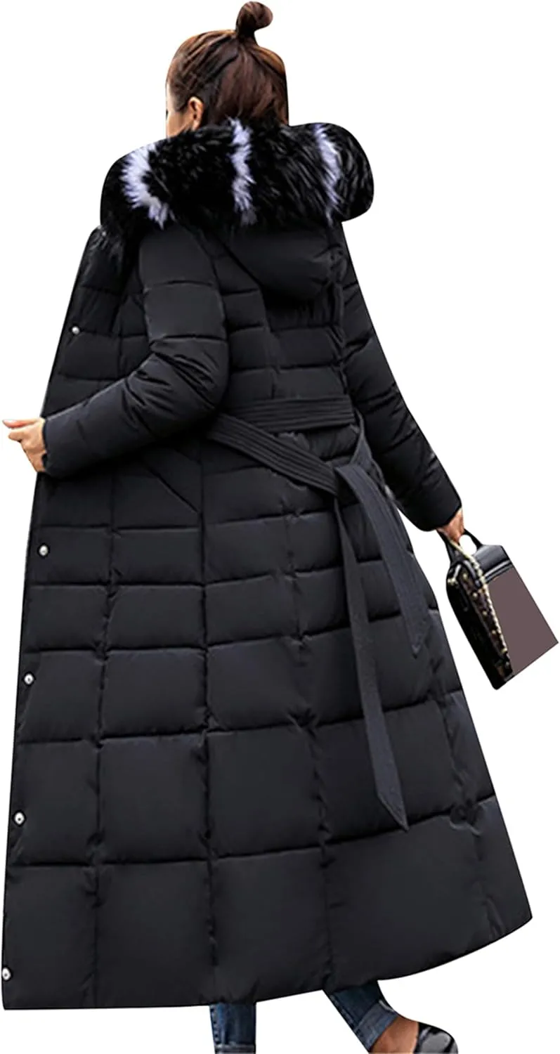 YMING Women's Winter Long Down Coat Pockets Maxi Down Parka Warm Puffer Jacket with Faux Fur Hood