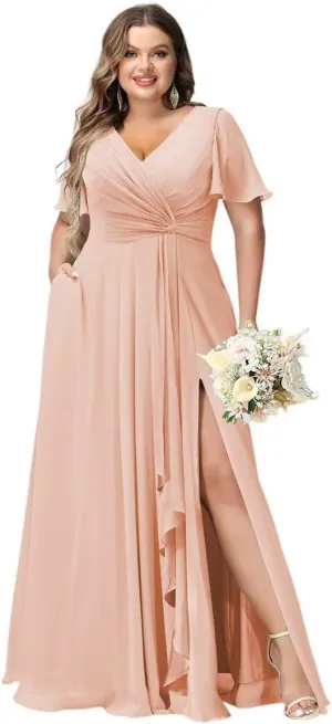 YOFF Flutter Sleeves Long Bridesmaid Dress with Pockets Ruched Chiffon Long A-Line Formal Party Dresses with Slit YO063