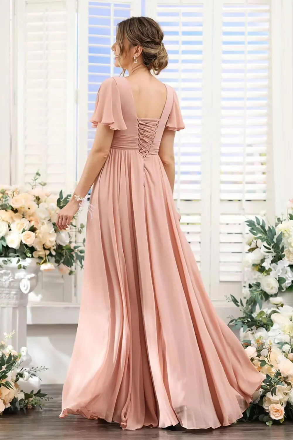 YOFF Flutter Sleeves Long Bridesmaid Dress with Pockets Ruched Chiffon Long A-Line Formal Party Dresses with Slit YO063