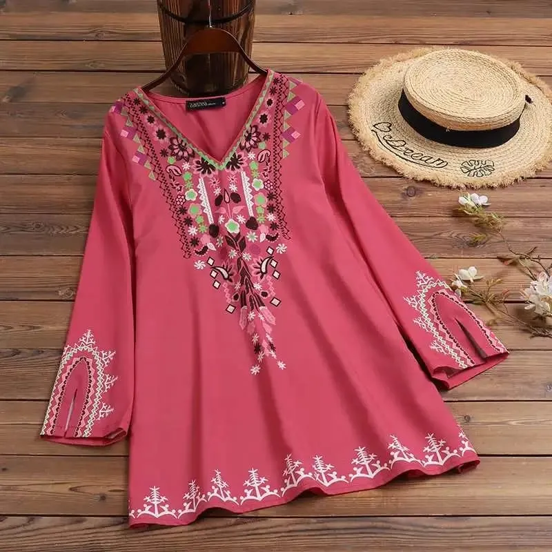 ZANZEA Stylish Shirts Women Bohemian Floral Printed Blouse Spring V Neck Long Sleeve Tops Casual Holiday Blusas Chemise S3162964