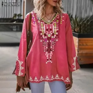 ZANZEA Stylish Shirts Women Bohemian Floral Printed Blouse Spring V Neck Long Sleeve Tops Casual Holiday Blusas Chemise S3162964