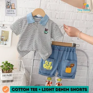Zebra Lines Polo Neck Tshirt with Blue Denim Shorts