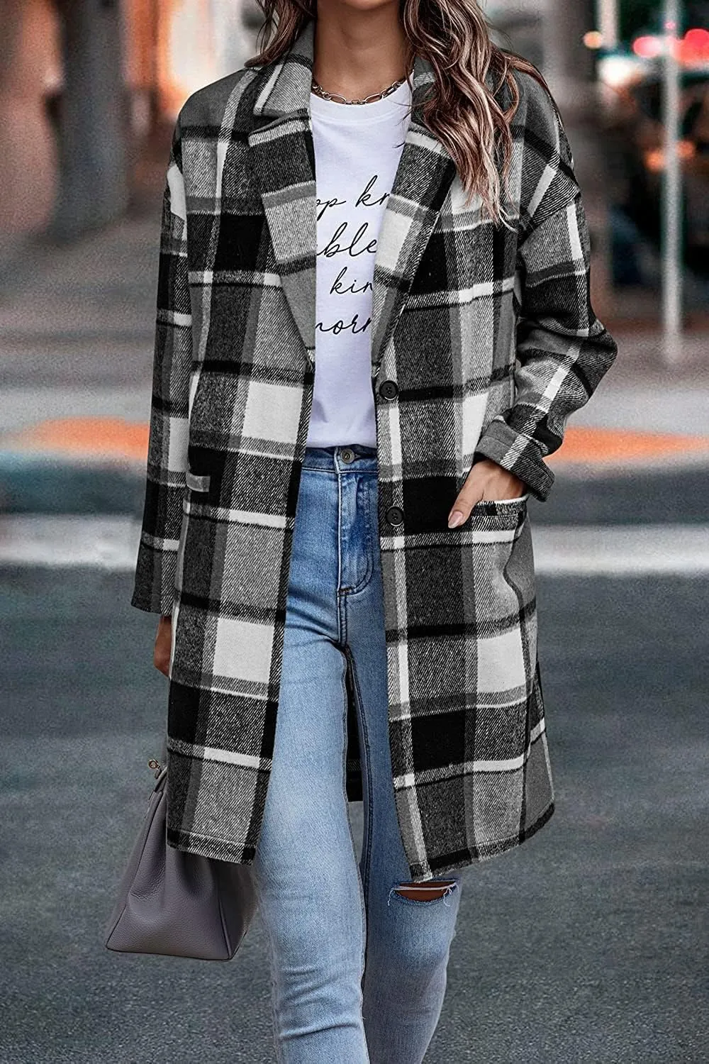 ZOCANIA Plaid Trench Coat Womens Woolen Notch Collar Midi Pea Coat Lapel Button Down Long Jacket Coat Fall Winter Overcoat