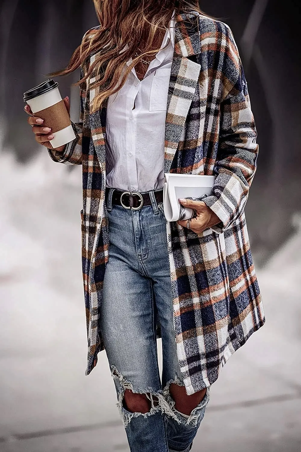 ZOCANIA Plaid Trench Coat Womens Woolen Notch Collar Midi Pea Coat Lapel Button Down Long Jacket Coat Fall Winter Overcoat