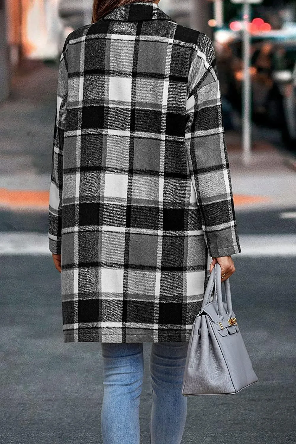 ZOCANIA Plaid Trench Coat Womens Woolen Notch Collar Midi Pea Coat Lapel Button Down Long Jacket Coat Fall Winter Overcoat
