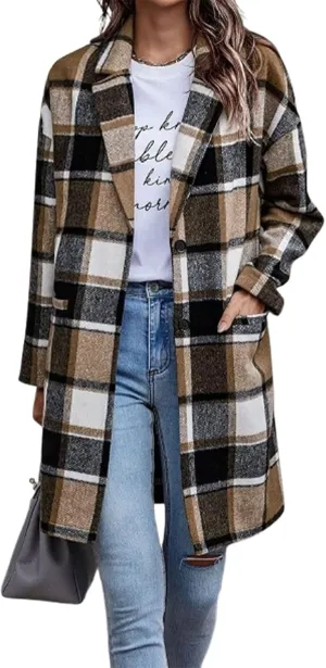 ZOCANIA Plaid Trench Coat Womens Woolen Notch Collar Midi Pea Coat Lapel Button Down Long Jacket Coat Fall Winter Overcoat