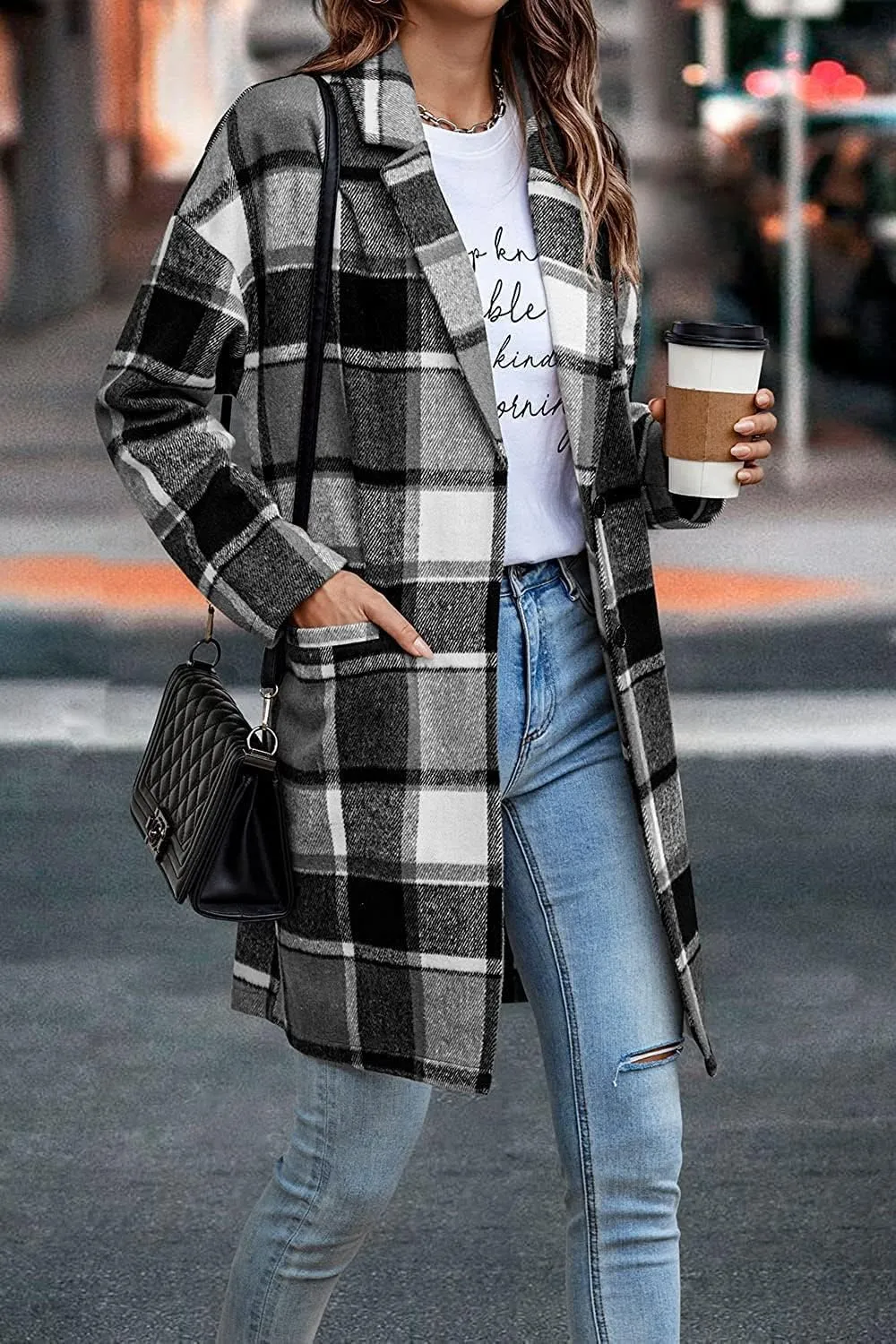 ZOCANIA Plaid Trench Coat Womens Woolen Notch Collar Midi Pea Coat Lapel Button Down Long Jacket Coat Fall Winter Overcoat