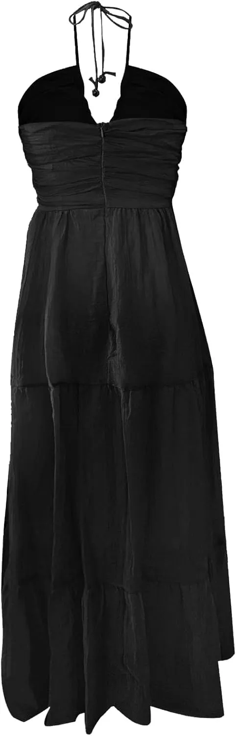 ZYXTIM Women's 2024 Summer Halter Smocked Midi Dress V Neck Ruffle Tiered Swing Flowy Beach Sundress Boho Long Floral Dress
