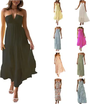 ZYXTIM Women's 2024 Summer Halter Smocked Midi Dress V Neck Ruffle Tiered Swing Flowy Beach Sundress Boho Long Floral Dress