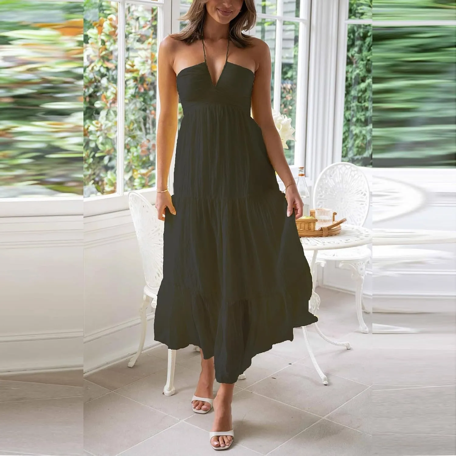 ZYXTIM Women's 2024 Summer Halter Smocked Midi Dress V Neck Ruffle Tiered Swing Flowy Beach Sundress Boho Long Floral Dress
